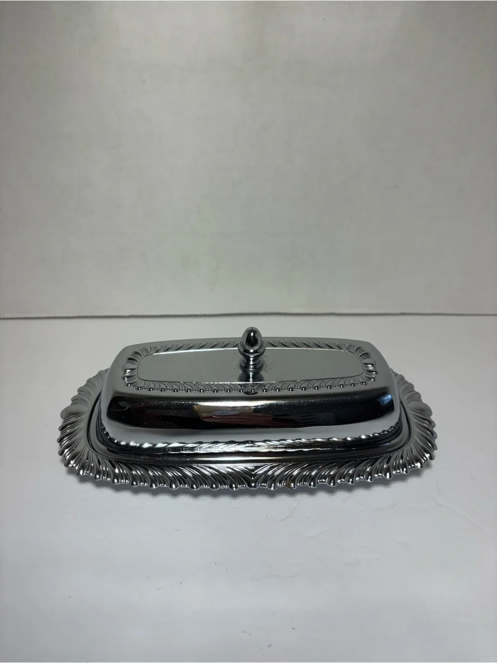 Butter Dish Glass Insert VTG Chromeplated Decorative Finial Lid